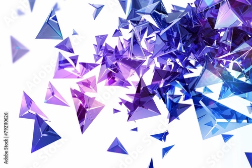 Blue and purple triangles flying in the air against a white background tech elements in the style of a futuristic design composed of geometric shapes in a dynamic composition Generative AI
