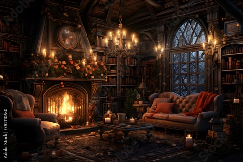 3d rendering of a cozy living room with fireplace and christmas tree