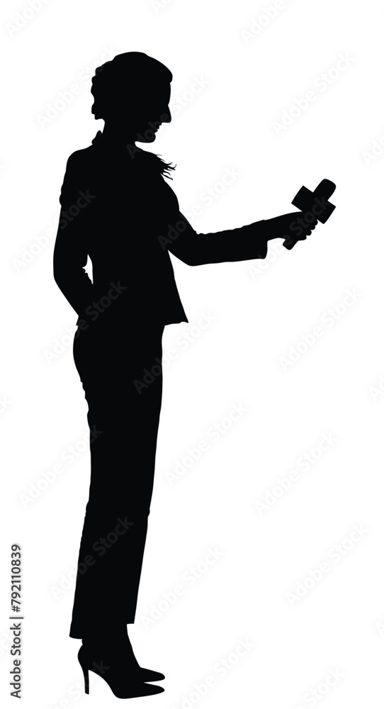 Girl ask public opinion, journalist news TV reporter interview people vector silhouette illustration isolated. Handsome woman presenter lady with microphone breaking news for television video camera.