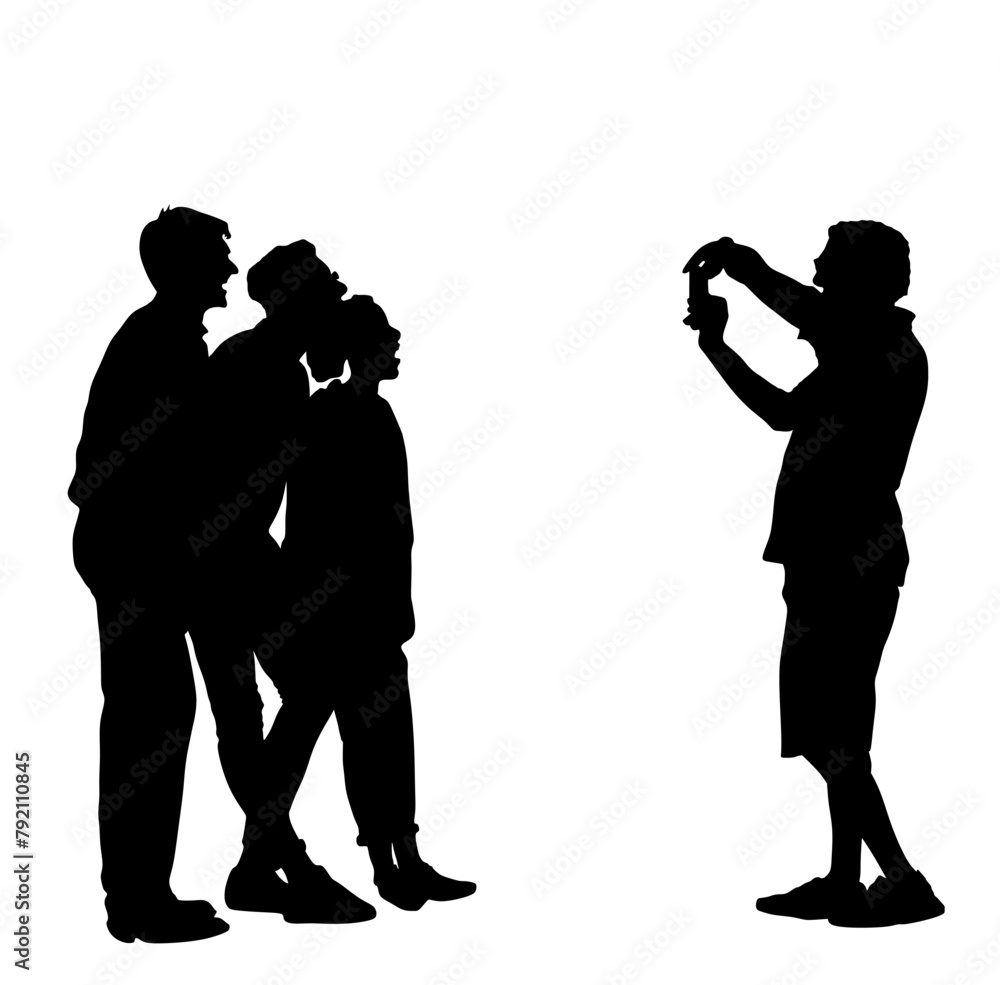 Teenagers tourists crew taking picture on vacation vector silhouette illustration isolated. Mobile phone photographer. Friends couple traveler fun. Happy students crew on destination. Family memories.