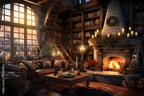 Interior of an old house with a fireplace. 3D rendering