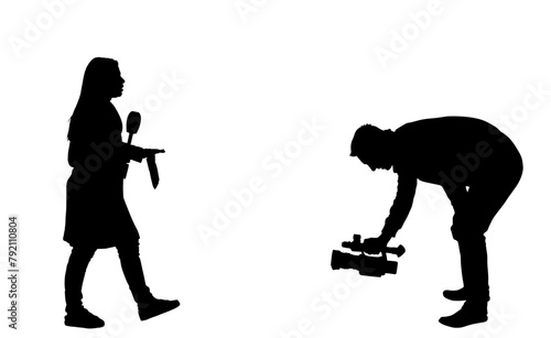 Journalist News Reporter Interview with camera crew vector silhouette illustration isolated. TV reporter interviewed people on the street. Cameraman, light, sound assistant backup to presenter lady.