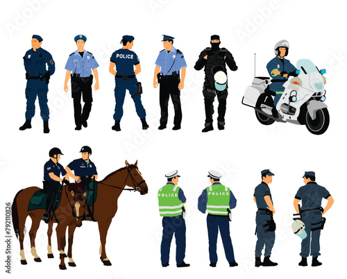 Policeman officer on duty vector illustration isolated. Police man in uniform patrol street. Security service member protect people. Law and order. Traffic police crew horse unit. Detective observe.