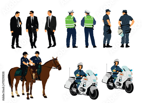 Policeman officer on duty vector illustration isolated. Police man in uniform patrol street. Security service member protect people. Law and order. Traffic police crew horse unit. Detective observe.