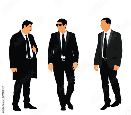 Elegant people, handsome man in suite and tie vector illustration isolated. President protect bodyguard. Secret service crew observing crowd. Agent on duty. Male guard on concert event keeps security.