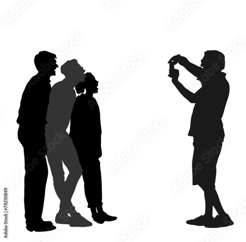 Teenagers tourists crew taking picture on vacation vector silhouette illustration isolated. Mobile phone photographer. Friends couple traveler fun. Happy students crew on destination. Family memories.