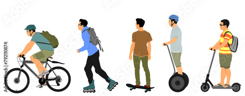 Urban ways transportation method vector illustration isolated. Man ride electric bike shape. Roller boy outdoor. Skate board guy. Scooter male cross the street. Fast transport by wheels.