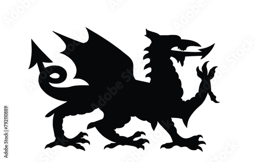 Angry dragon vector silhouette illustration isolated on white background. Wales coat of arms dragon symbol seal, national emblem. Banner COA of Wales. Wild winged beast scary attack.