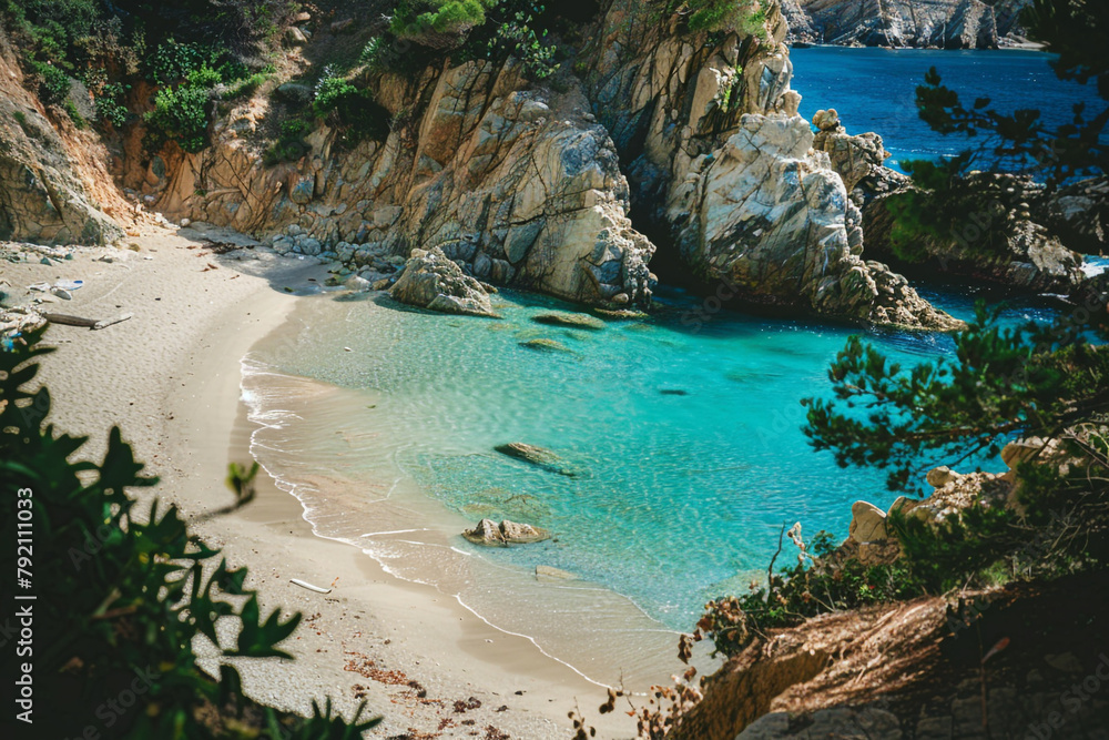 Secluded cove with turquoise waters and a sandy beach