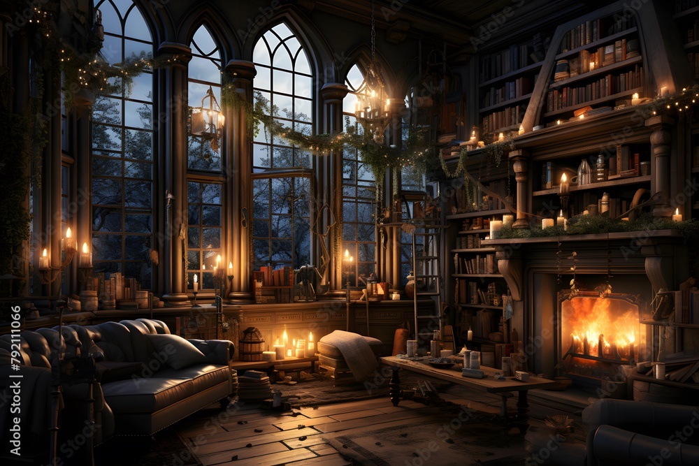 Interior of a library with bookshelf and fireplace at night