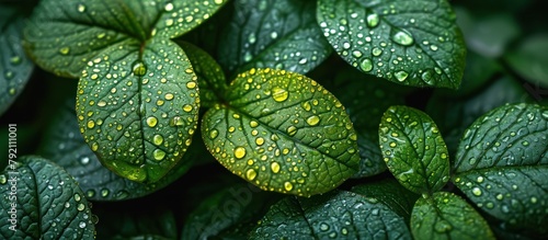 close up of water droplets on green plant leaves