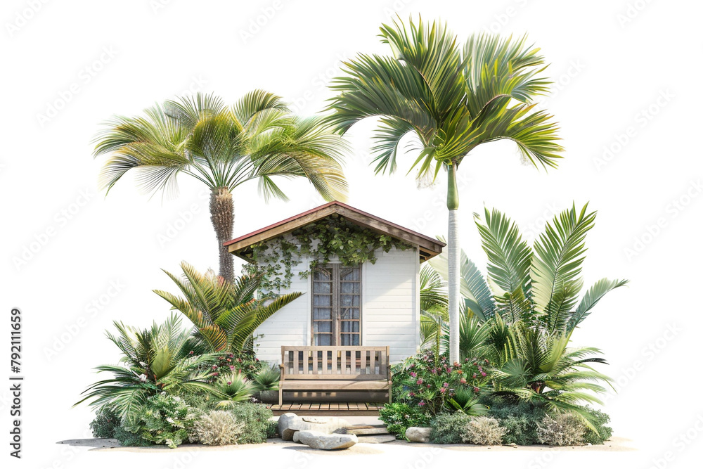 Serene coastal cottage with a serene garden and a wooden bench under a shady palm tree, isolated on solid white background.