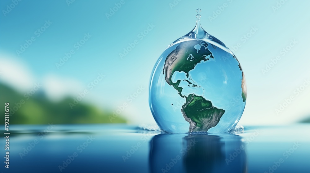 World water day. Realistic drop of water falling on blue sea background. Earth day.