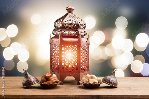 Holy month Ramadan with lantern on desk photo