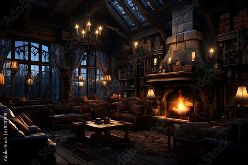 Fantasy interior with fireplace and wooden furniture. 3d illustration.