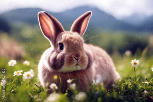 'sitting bunny cute easter spring hunt rabbit green field meadow background grass egg basket happy holiday pet animal white nature little colourful beautiful small young celebration hare fur fluffy' © akkash jpg