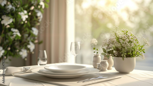 Sophisticated table setting with pure white dishes and a vase of fresh white flowers in a sunlit room.