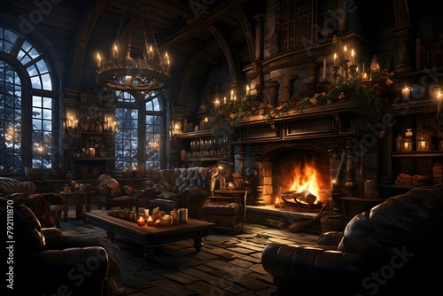 3D rendering of a fantasy house with a fireplace in the middle