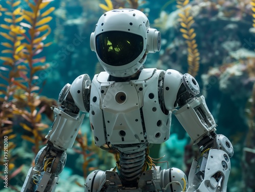 A robot is standing in a body of water. The robot is white and has a helmet on