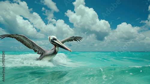 a pelican is making a takeoff run from the turquoise surface of the Carribean Sea with powerful strokes of its wings.