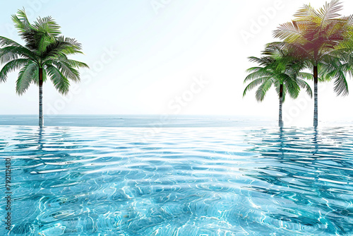 Serene infinity pool with sparkling blue water and palm trees in the background  isolated on solid white background.
