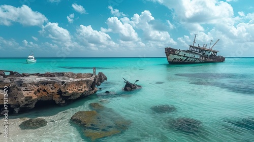 A small boat examines a shipwreck off the coast of Northwest Aruba.