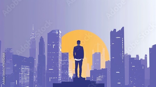 Young, dynamic CEO at the top of a skyscraper overlooking the city, expressing vision and success, dramatic sunset background