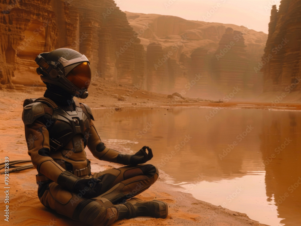 An astronaut in a spacesuit meditates by a tranquil Martian-like landscape with cliffs and water. An astronaut in a spacesuit meditates by a tranquil Martian-like landscape with cliffs and water.