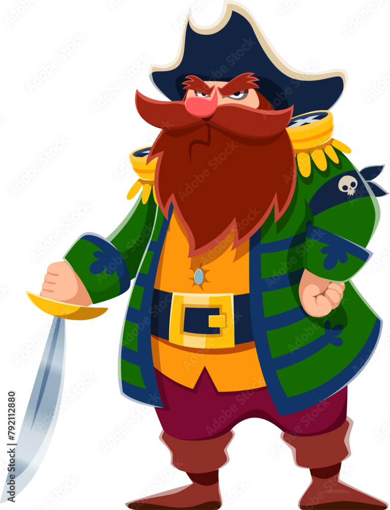 Naklejka premium Cartoon pirate captain character, corsair seaman with saber and tricorn hat. Isolated vector grumpy sea rover personage with beard and mustaches, holding sword, ready for adventures and treasure hunts
