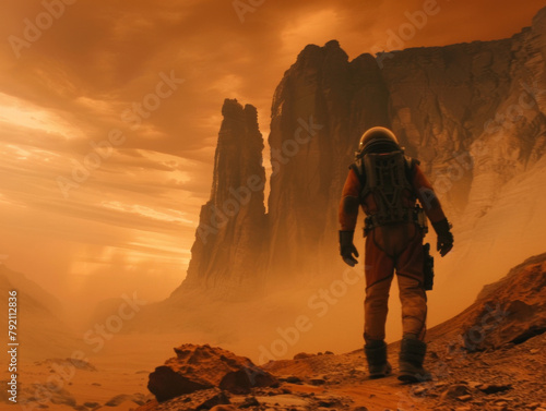 An astronaut on a barren Martian landscape under a hazy orange sky. photo