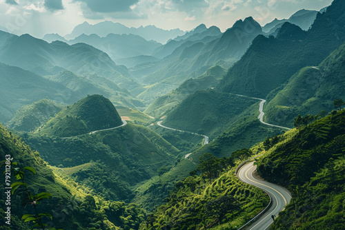 Serene mountain pass with winding roads and breathtaking scenery