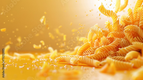 Spiral pasta tumbling in the air with a dynamic splash, set against a warm, golden yellow background.