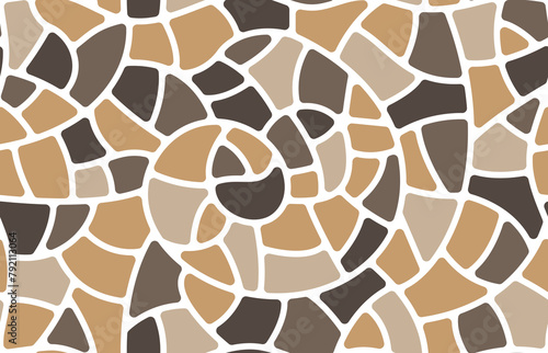 Brown swirl mosaic stone or glass tile seamless pattern. Paving floor. Vector background with intricate, curving design, mimicking natural whirl of pebbles, rocks or cobbles, stunning visual effect