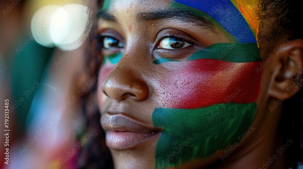 A young female with the flag of South Africa painted on her face on her way to a sporting event to show her support.

