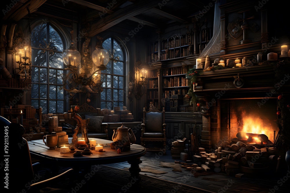 Medieval castle interior 3d illustration. Fantasy medieval gothic room with fireplace.