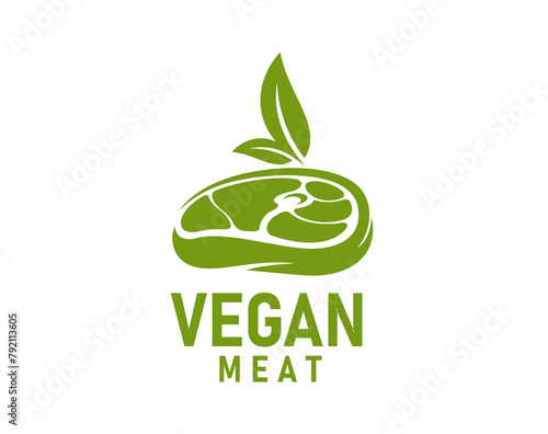 Vegan meat icon, vegetable beef steak. Isolated vector emblem with green leaf or sprout growing from the meatless, plant beef slice. Organic, ecological, plant-based cuisine, healthy vegetarian food
