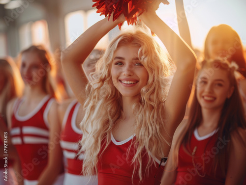 A high school cheer squad with a smiling girl in the foreground, her teammates lifting another in the back.