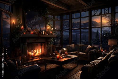 3D rendering of a cozy living room with fireplace at night.