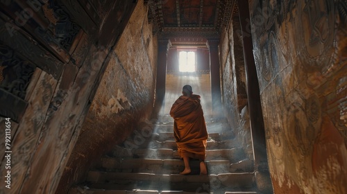 A young monk ascends a stone stairway at Punakha Dzong and Lit up by a beam of sunlight,

 photo