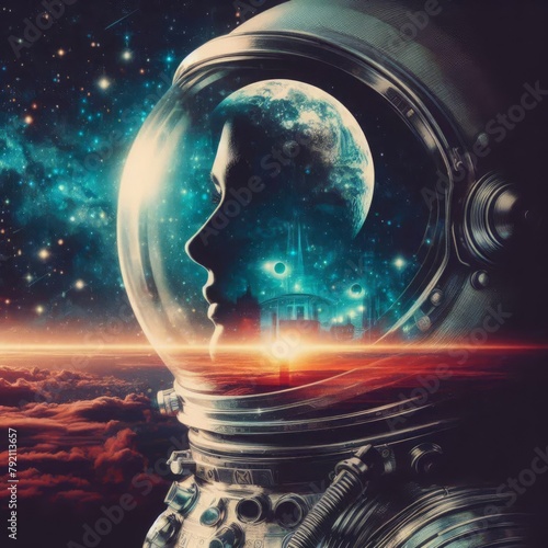 Portrait of young woman astronaut, sky, space landscapes and planets. Double exposure. Modern technology. Long-duration flights to distant planets. The future is near. 