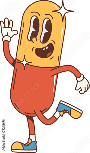 Cartoon retro pill groovy character as hippie of 70s with funky face, vector funny art. Groovy cactus pill medicine with silly smile dancing, 70s hippie or freaky hipster cartoon emoji character