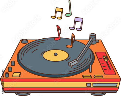 Retro groovy vinyl music player or 70s hippie symbol, cartoon vector. Groovy vintage vinyl disk player with rainbow notes, funky hippie and 70s style cartoon art element for hipster funky sticker