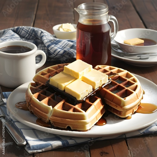 a stack of waffles with syrup and syrup on a plate.