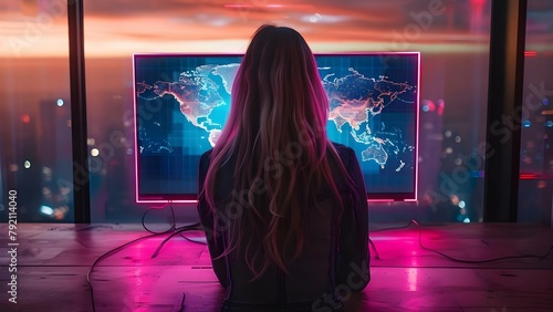 Woman in front of illuminated world map on computer screen. Concept Photography, Technology, Travel, World Map, Illuminated Screen