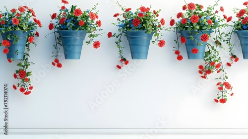 Blue Flowerpots and Red Flowers on a white wall with vintage lan
 photo
