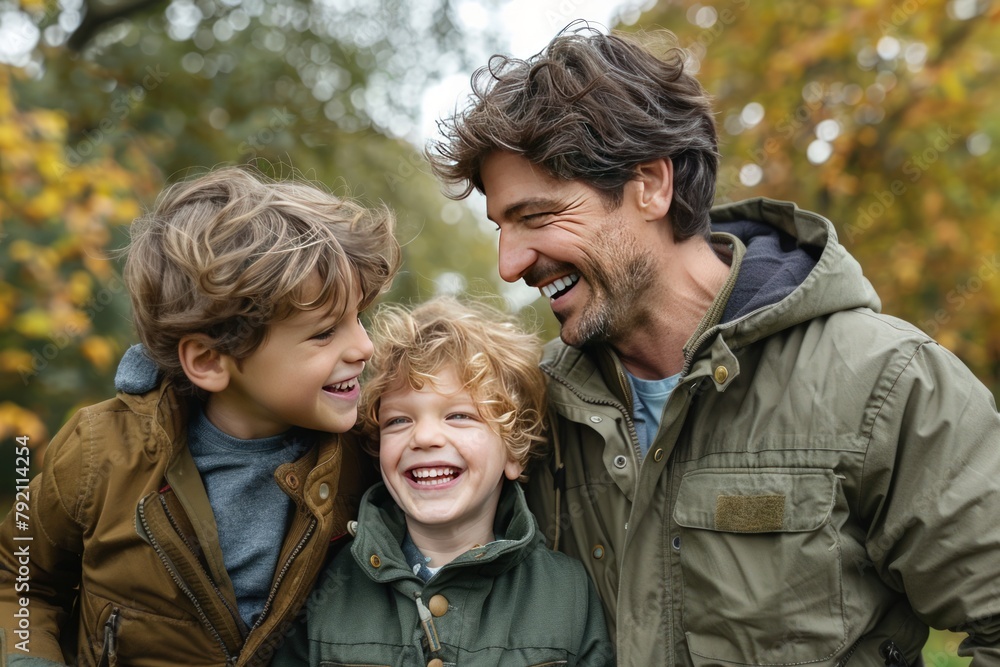 A handsome man with brown hair and his two sons laughing. Generate AI image A handsome man with brown hair and his two sons laughing. Generate AI image
