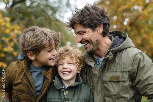 A handsome man with brown hair and his two sons laughing. Generate AI image photo