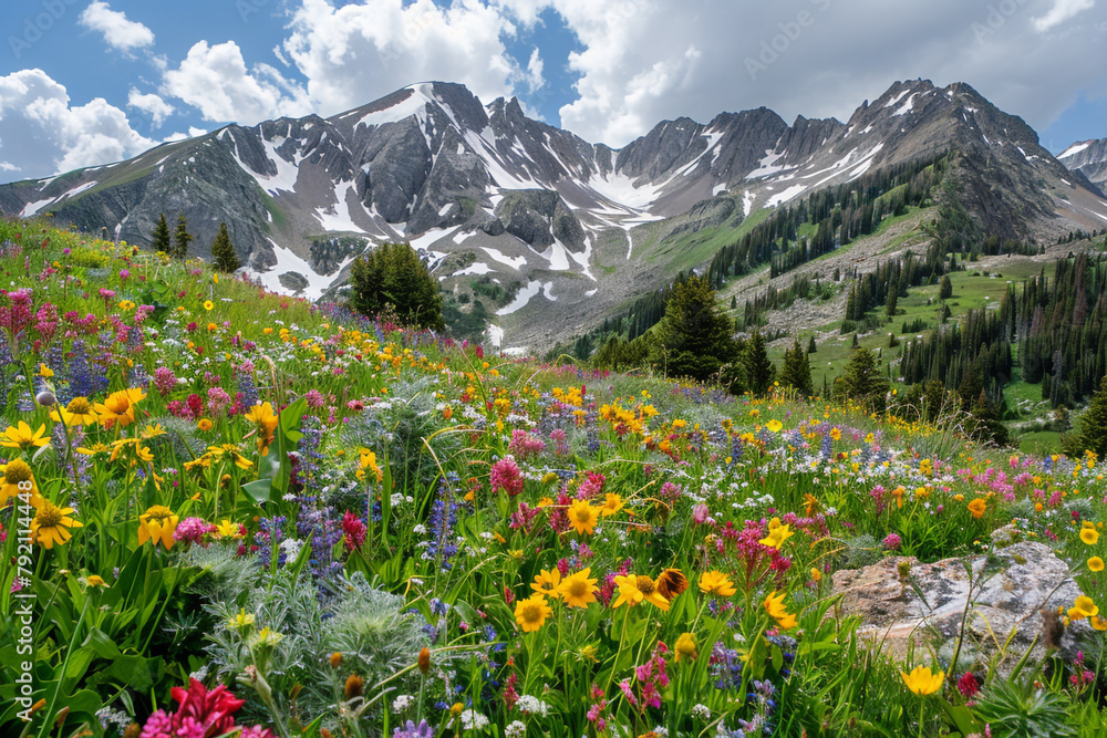 Snow-capped summits framed by a vibrant carpet of wildflowers