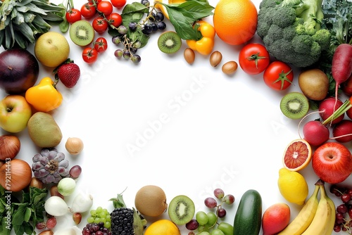 Fresh fruits and vegetables background, fruits and vegetables frame background, foods frame background © MH