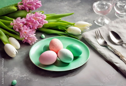'view Copy Top Green pink hyacinth easter table eggs mint stone silver cutlery space background white Image setting plate Design Spring Concept FloralBackground Design Easter Spring Table Space'